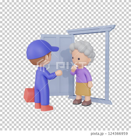 3DCG | Senior woman and man in work clothes talking at the front door 124366959