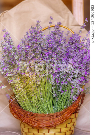 Basket with lavender flowers top view Basket with lavender flowers top view 124366982