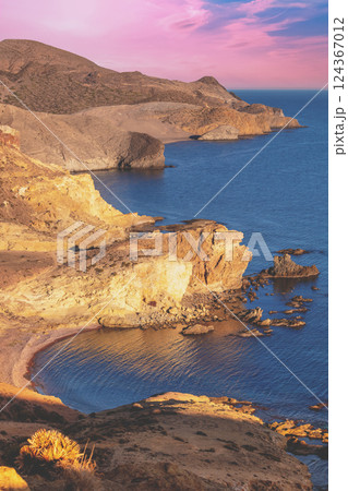 Rocky seashore during sunset. Seascape in the evening. Cabo de Gata-Nijar reserve. Almeria Andalusia Spain. Vertical image 124367012