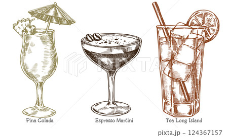 set of alcoholic cocktails, vector illustration in sketch style set of alcoholic cocktails, vector illustration in sketch style 124367157