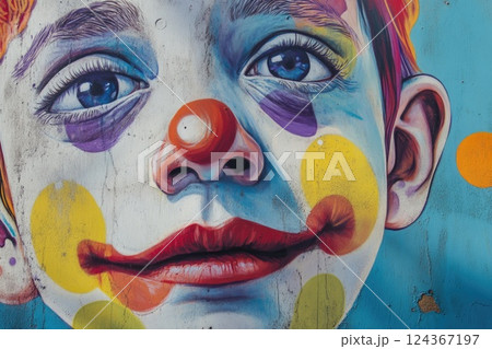 little boy with sad clown make up. mural drawing 124367197