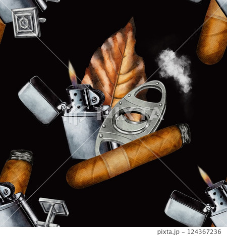 Watercolor Seamless Pattern with Cigar, Lighter, and Tobacco Leaf Watercolor Seamless Pattern with Cigar, Lighter, and Tobacco Leaf 124367236