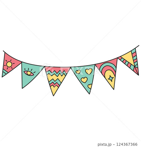 boho groovy easter Colorful decorative bunting with playful designs and shapes. in doodle color line style boho groovy easter Colorful decorative bunting with playful designs and shapes. in doodle color line style 124367366