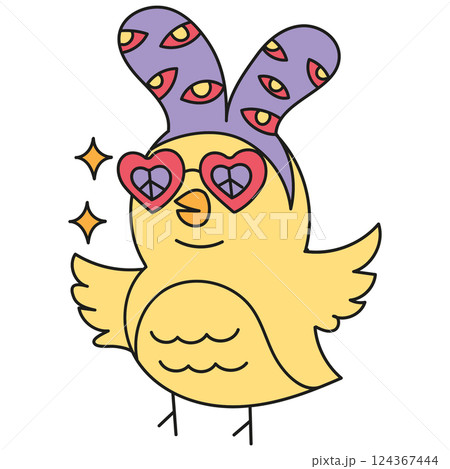boho groovy easter Cute cartoon bird wearing heart-shaped glasses and colorful bunny ears. in doodle color line style 124367444