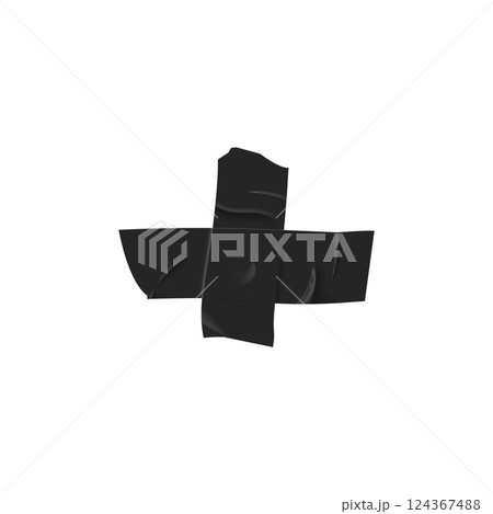 Black sticky scotch tape stripes cross form, adhesive wrinkled pieces, vector realistic torn glued masking duct tape 124367488