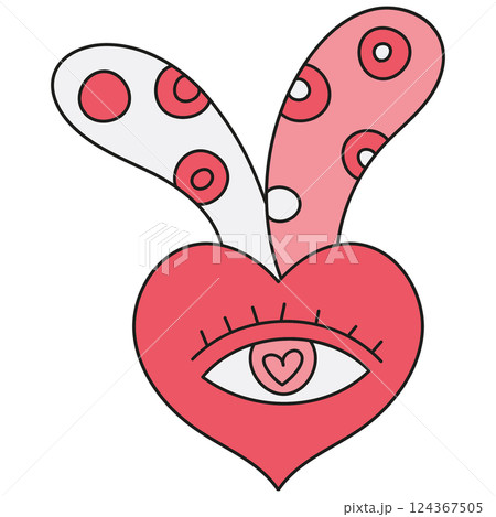 boho groovy easter Whimsical heart with rabbit ears and eye design in pink and red. in doodle color line style 124367505