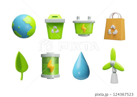 Green energy symbols, environmental theme vector icon set, 3D cartoon Earth planet and water drop, wind turbine, recycle 124367523