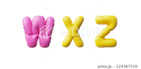 English alphabet uppercase letters W X Z from pink and yellow air inflated balloon 3D vector icon, volume font type sign English alphabet uppercase letters W X Z from pink and yellow air inflated balloon 3D vector icon, volume font type sign 124367530