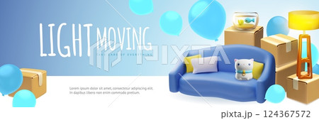Light moving service 3D vector banner, cardboard boxes stack, sofa, lamp, aquarium and cat, delivery, transportation 124367572
