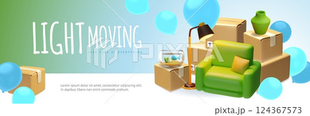 Light moving service 3D vector banner design, cardboard boxes stack, armchair, lamp and aquarium with balloons, delivery 124367573