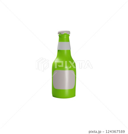 Green glass beer bottle with label and closed lid 3D plastic style vector icon, volume unopened container for beverage Green glass beer bottle with label and closed lid 3D plastic style vector icon, volume unopened container for beverage 124367589