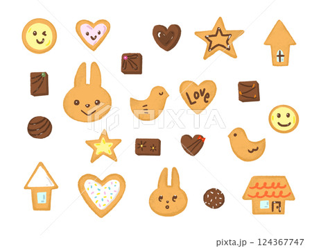 かわいいうさぎのお菓子セット　手描き風　おいしそうなクッキーとチョコレート 124367747