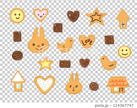 かわいいうさぎのお菓子セット　手描き風　おいしそうなクッキーとチョコレート 124367747