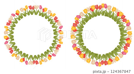Vector set of round frames with tulips and copy space. Collection of floral frames with space for text. 124367847
