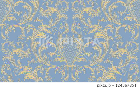 Gentle vector rococo seamless pattern. Ornament with yellow silhouette of floral curls on blue background. Vintage texture Gentle vector rococo seamless pattern. Ornament with yellow silhouette of floral curls on blue background. Vintage texture 124367851