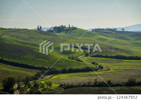 Scenic landscape with rolling green hills and a countryside road Scenic landscape with rolling green hills and a countryside road 124367952