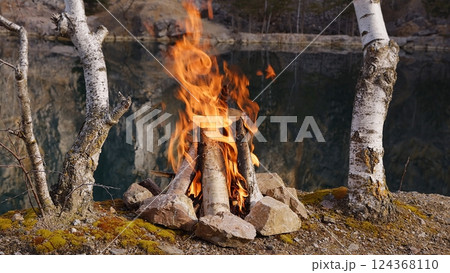 Crackling Campfire by the Lake , Sunrise , Authentic Sounds 124368110