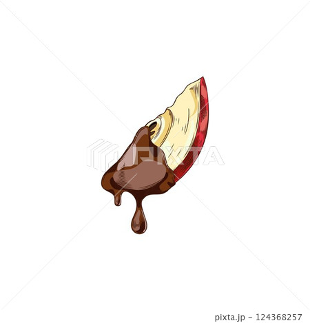 Fondue. Vector illustration of apple slice in melted chocolate. Fondue. Vector illustration of apple slice in melted chocolate. 124368257
