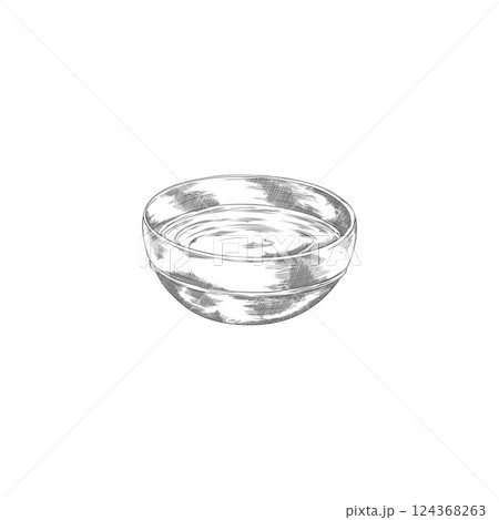 Fondue bowl with melted chocolate or cheese hand drawn vector engraved illustration, yogurt bowl, sour cream sketch 124368263