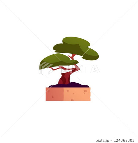 Bonsai tree in clay pot flat vector, little Japanese tree grown in container, pine miniature, Asian interior decoration Bonsai tree in clay pot flat vector, little Japanese tree grown in container, pine miniature, Asian interior decoration 124368303