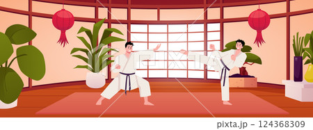 Karate men fighters in kimono in Japanese room interior vector flat illustration, oriental traditional martial art sport Karate men fighters in kimono in Japanese room interior vector flat illustration, oriental traditional martial art sport 124368309