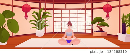 Young woman meditating in lotus pose in Japanese room interior vector illustration, girl doing yoga in oriental home Young woman meditating in lotus pose in Japanese room interior vector illustration, girl doing yoga in oriental home 124368310