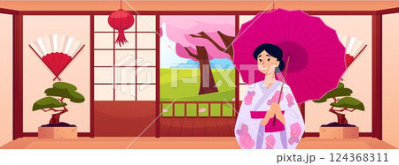 Beautiful Japanese woman holding umbrella in traditional kimono vector flat illustration, Asian room interior, Sakura 124368311