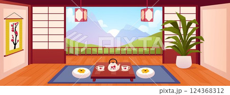 Japanese room with traditional architecture, balcony with mountain view, dining table with tea. 124368312