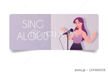 Sing aloud vector flat design, young singer, vocalist singing and recording song with professional microphone in studio 124368339