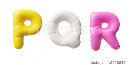 Realistic 3D volume inflated multicolored P Q R uppercase letter of English alphabet, vector stylized puffy balloon font 124368504
