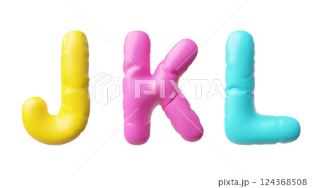 Realistic 3D volume inflated balloon multicolored J K L uppercase letter type of English alphabet, vector puffy font 124368508
