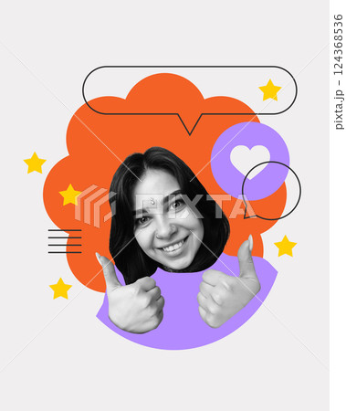 Thumbs up vibe. Smiling woman giving double approval surrounded by colorful review graphics. Thumbs up vibe. Smiling woman giving double approval surrounded by colorful review graphics. 124368536