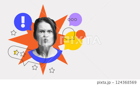 Angry woman with 1-star rating and exclamation mark. Negative customer experience expressed through strong emotional feedback 124368569