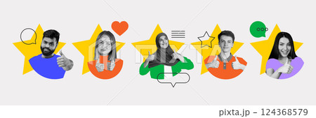 Diverse people showing thumbs up with stars. Visual unity of multicultural voices sharing satisfaction and brand approval. Diverse people showing thumbs up with stars. Visual unity of multicultural voices sharing satisfaction and brand approval. 124368579