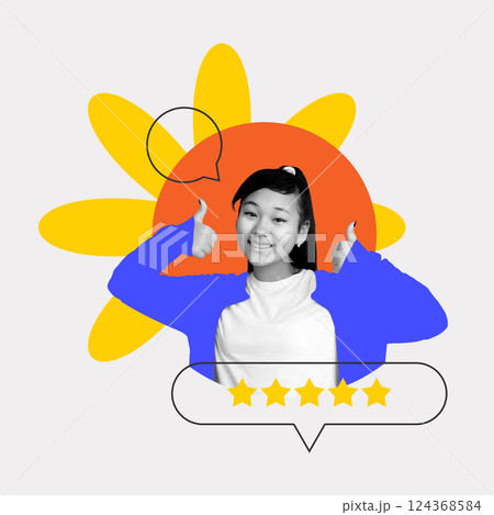 Girl showing thumbs up with 5-star rating. Cheerful expression of user approval emphasizing positive feedback and full satisfaction Girl showing thumbs up with 5-star rating. Cheerful expression of user approval emphasizing positive feedback and full satisfaction 124368584