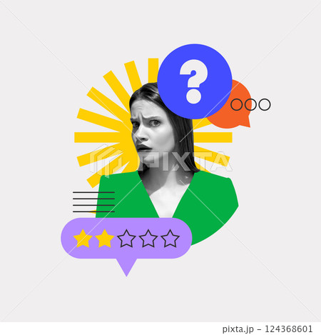Woman with confused expression and 2-star rating. Conceptual design. Customer dissatisfaction and uncertainty about service. 124368601