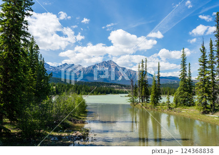 Majestic Pyramid Mountain Reflections on Athabasca River, Jasper National Park, Alberta, Canada 124368838
