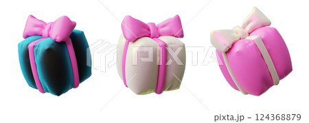 3D gift box with ribbon bow from inflated balloon vector icons set, festive present surprise, volume holiday decoration 3D gift box with ribbon bow from inflated balloon vector icons set, festive present surprise, volume holiday decoration 124368879