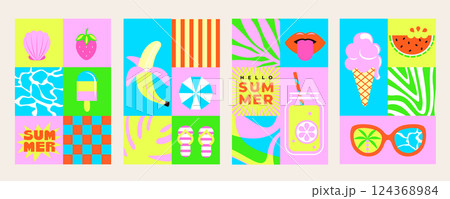 Set of summer bright posters in square tile style. 124368984