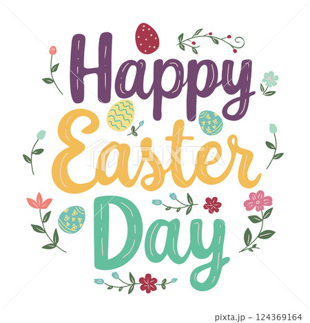Vector illustration of decorative spring flowers and easter eggs and Happy Easter Day typography lettering for your design, banner, greeting card. 124369164