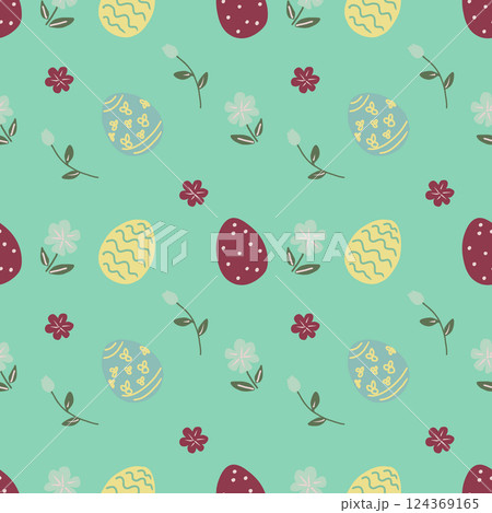 Cute Easter seamless pattern with easter eggs and spring meadow flowers. 124369165