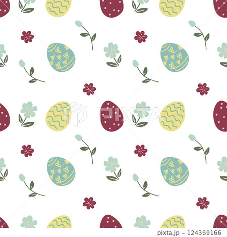 Cute Easter seamless pattern with easter eggs and spring meadow flowers. 124369166