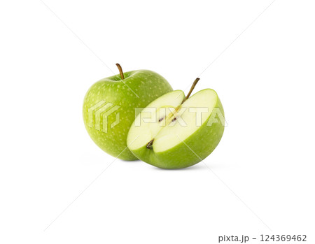 Whole apple and a half isolated on white background. Green apples with clipping path. Whole apple and a half isolated on white background. Green apples with clipping path. 124369462