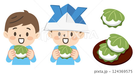 柏餅を食べる男の子のイラストセット 124369575