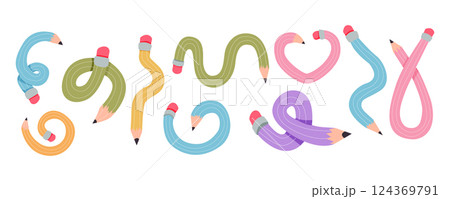 Twisted curved comic pencil doodle sketchy. Line hand drawn simple pencil. Funky flexible school supplies. Trendy writing tool Twisted curved comic pencil doodle sketchy. Line hand drawn simple pencil. Funky flexible school supplies. Trendy writing tool 124369791