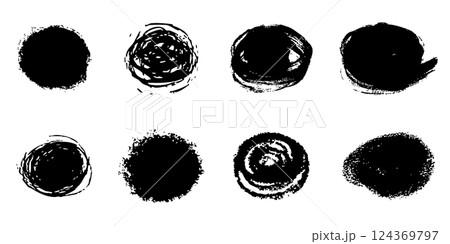 Scribble textured brush stroke ink or paint round splatter. Abstract grunge stain enso border, frame, hand drawn textured punk style asian design element 124369797