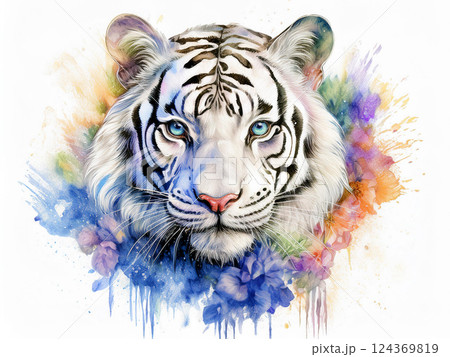 幻想的でカラフルなホワイトタイガーの水彩画アート 幻想的でカラフルなホワイトタイガーの水彩画アート 124369819