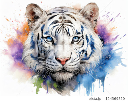 幻想的でカラフルなホワイトタイガーの水彩画アート 124369820
