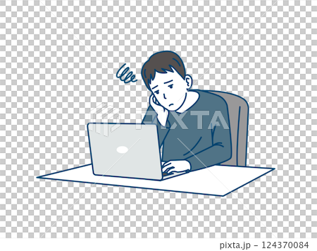 Illustration of a young man in trouble in front of a laptop 124370084
