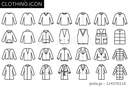 長袖シャツやジャケットやコートなどの冬物衣類、服のシンプルな線画アイコン(白黒) 長袖シャツやジャケットやコートなどの冬物衣類、服のシンプルな線画アイコン(白黒) 124370118
